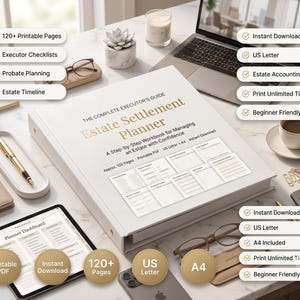 Könnte beinhalten: Ein weißer Ordner mit dem Titel The Complete Executor's Guide Estate Settlement Planner, ein Schritt-für-Schritt-Arbeitsbuch zur Nachlassverwaltung. Der Einband zeigt Text über 120+ druckbare Seiten, US Letter und A4 Formate sowie Sofort-Download.