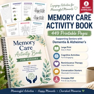 Op de afbeelding: Een spiraalgebonden Memory Care Activity Book voor senioren met een crèmekleurige kaft, groene bladeren en een icoon van een brein in handen. Het boek bevat 449 printbare pagina's met woordzoekers, gespreksstarters en geheugenoefeningen.