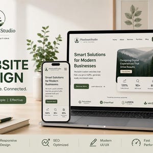 以下が含まれることがあります： PineloomStudioのウェブサイトを表示するノートパソコンとスマートフォン。画面には「Custom WEBSITE DESIGN Smart. Simple. Connected.」の文字と「Smart Solutions for Modern Businesses」という見出し、緑色のアクセント、森林のグラフィックが表示されています。