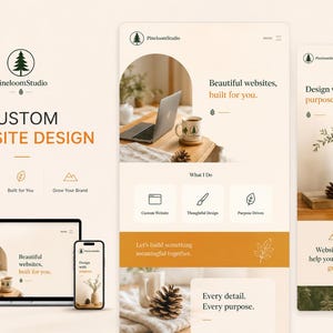 May include: A digital display of a custom website design service by PineloomStudio, featuring a laptop and smartphone showing web layouts with a pine tree logo, neutral colour palette, and text including Beautiful websites, built for you.