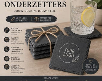 Custom Made Leisteen Onderzetters – Gepersonaliseerd met Logo, Naam of Tekst – Set van 4 – Cadeau voor Huis, Bedrijf of Bruiloft