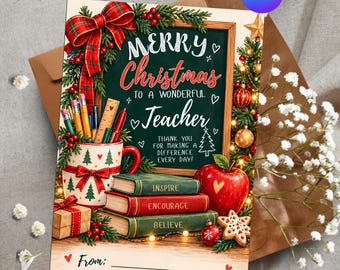 Personalized Teacher Christmas Card Template, Editable Canva Holiday Thank You Card, 5x7 Printable Teacher Appreciation Card