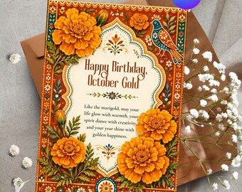 Personalized October Birthday Card Template, Editable Canva Marigold Birth Flower Card, Custom Printable Floral Greeting