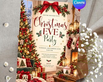 Personalized Christmas Eve Party Invitation, Editable Canva 5x7 Holiday House Party, Christmas Dinner Digital Invite Template