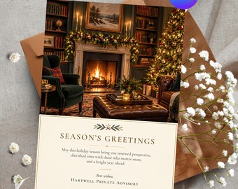 Personalized Business Holiday Card, Corporate Christmas Greeting, White Poinsettia Gold Canva Template, Custom Printable Digital Card