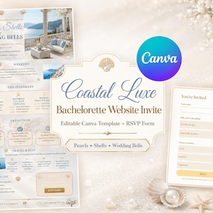 May include: A digital bachelorette website invitation template featuring a coastal theme with pearls, seashells, and wedding bells. The design includes an itinerary, dress code, travel information, and a separate RSVP form with text fields for guest names and meal choices.