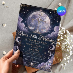 May include: A rectangular birthday invitation card featuring a dark blue night sky background with clouds, a large moon, and a golden Libra scale symbol. The text reads: Aria's 28th Birthday, A Libra Moon Soirée, Saturday, October 4, 8:00 PM, Luna Hall.