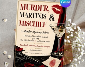 Personalized Murder Mystery Party Invitation, Editable Canva Template, Retro Martini Crime Night, Custom Printable Digital Invite