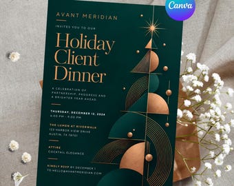 Personalized Corporate Christmas Dinner Invitation, Client Holiday Party, Custom Teal Copper Canva Template, Printable Digital Invite