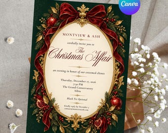 Personalized Corporate Christmas Party Invitation, Luxury Client Appreciation Event, Red Velvet Bow Editable Canva Template, Digital Invite