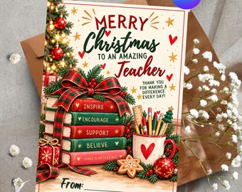 Personalized Teacher Christmas Card Template, Editable Canva Holiday Thank You Card, 5x7 Printable Greeting