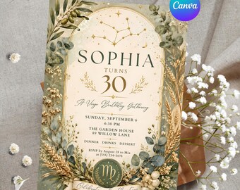 Personalized Virgo Birthday Invitation Template, Editable Canva Zodiac Party Invite, 5x7 Printable Celestial Celebration