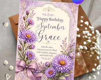 Personalized September Birthday Card Template, Editable Canva Aster Birth Flower Card, Custom Floral Printable Greeting