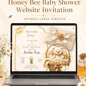 May include: A laptop screen displaying a Honey Bee Baby Shower invitation template with cream and gold tones. The design features a teddy bear in a basket, a wax-sealed envelope, and text including Our Little Honey is on the Way, Amelia Rose.