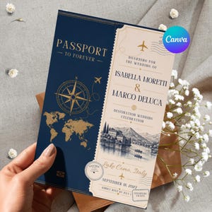 May include: A rectangular wedding invitation designed like a passport, featuring a dark blue left side with a gold compass and world map, and a cream-colored right side with the text Passport to Forever, Isabella Moretti and Marco Deluca.