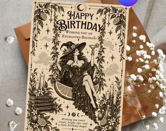 Witchy Birthday Card Template, Vintage Celestial Birthday Greeting, Editable Canva Magical Cocktail Card, Digital Printable