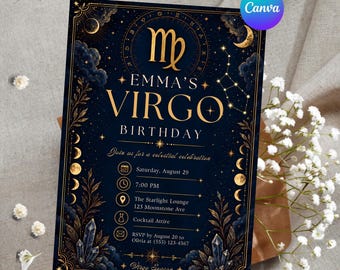 Personalized Virgo Birthday Invitation Template, Editable Canva Zodiac Party Invite, 5x7 Printable Celestial Astrology Invitation