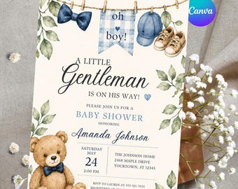 Little Gentleman Baby Shower Invitation, Blue Bow Tie Teddy Bear Invite, Editable Canva Boy Shower Template, Digital Invitation