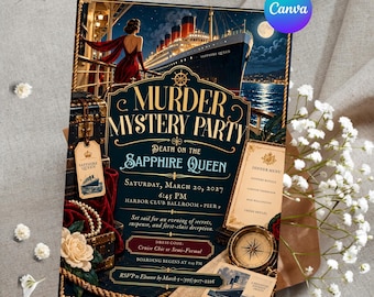 Personalized Cruise Murder Mystery Party Invitation, Vintage Ocean Liner Dinner, Custom Editable Canva Template, Digital Invite