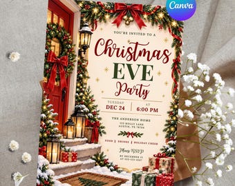 Personalized Christmas Eve Party Invitation, Editable Canva 5x7 Holiday Invite, Christmas Dinner Family Gathering Digital Template