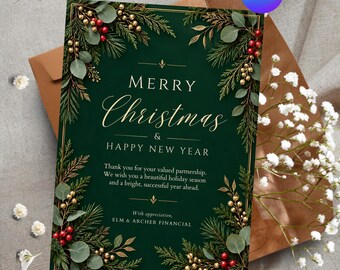 Personalized Business Christmas Card Template, Client Holiday Greeting, Elegant Green & Gold Botanical Editable Canva Card, Digital Download