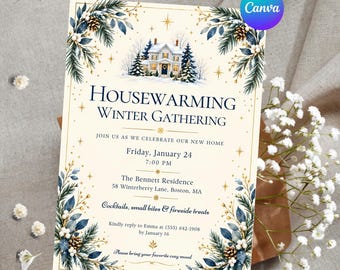Winter Housewarming Invitation, Elegant New Home Gathering, Navy Gold Botanical Editable Canva Template, Printable Digital Invite, 5 x 7 in