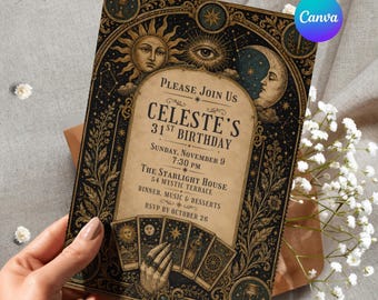 Tarot Birthday Invitation Canva Template, Celestial Mystical Party, Editable Digital Invitation for Her