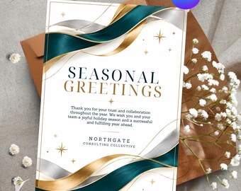 Personalized Corporate Holiday Card, Custom Business Christmas Greeting, Teal Gold Silver Editable Canva Template, Printable Digital Card