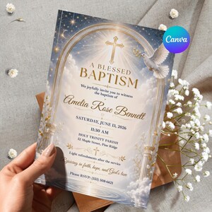 May include: A rectangular baptism invitation card featuring a gold cross, a white dove, and an arched gateway design. The text reads A BLESSED BAPTISM, Amelia Rose Bennett, Saturday, June 13, 2026, 11:30 AM, Holy Trinity Parish, 52 Maple Street, Pine Ridge.