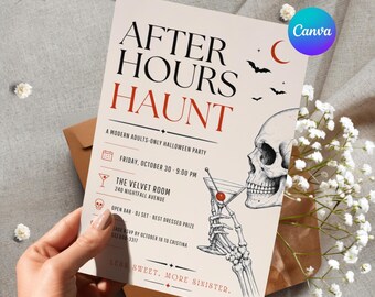 Adult Halloween Party Invitation Template, Editable Canva Skeleton Cocktail Invite, Modern Spooky Party Invitation, 5x7 Digital Download