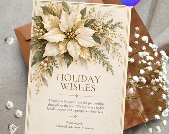 Personalized Business Holiday Card, Corporate Christmas Greeting, White Poinsettia Gold Canva Template, Custom Printable Digital Card