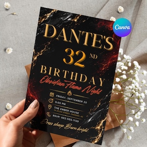Op de afbeelding: Een rechthoekige verjaardagsuitnodiging met een zwarte marmeren achtergrond, gouden aders en rode rookeffecten. De tekst luidt: DANTE'S 32ND BIRTHDAY, Obsidian Flame Night, Friday September 20, 9:00 PM, The Ember House, 74 Atlas Street, Phoenix, AZ, RSVP: 602-555-7139, Dress sharp. Burn bright.