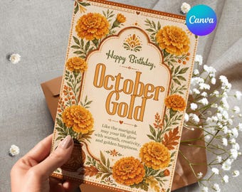 October Birthday Card Canva Template, Marigold Birth Flower Card, Autumn Floral Birthday Card for Her, Editable Printable Greeting