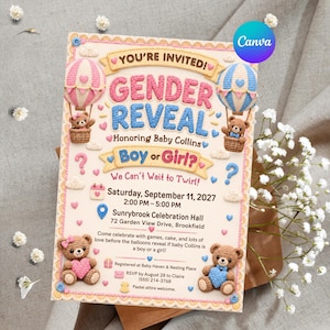 Puede incluir: Una tarjeta de invitación para revelación de género con ilustraciones estilo crochet de globos aerostáticos, ositos y corazones. El texto dice: You're Invited! Gender Reveal Honoring Baby Collins Boy or Girl? We Can't Wait to Twirl! Sábado 11 de septiembre de 2027, 14:00 - 17:00, Sunrybrook Celebration Hall, 72 Garden View Drive, Brookfield.
