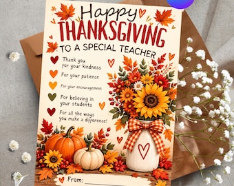 Personalized Teacher Thanksgiving Card Template, Editable Canva Thank You Card, 5x7 Printable Teacher Appreciation Greeting