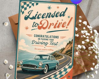 Driving Test Congratulations Card, Retro Car New Driver Card, Editable Canva Template, Printable Digital Card