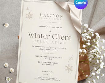 Personalized Winter Client Celebration Invitation, Corporate Holiday Event, Elegant Silver Editable Canva Template, Printable Digital Invite