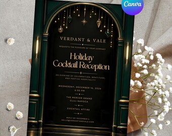 Personalized Holiday Cocktail Reception Invitation, Corporate Christmas Party, Elegant Black Emerald Gold Editable Canva Template