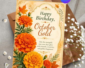 Personalized October Birthday Card Template, Editable Canva Marigold Birth Flower Card, Custom Floral Printable Greeting