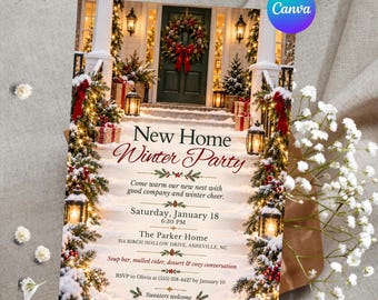 Winter Housewarming Invitation, New Home Party Invite, Festive Snowy Porch Editable Canva Template, Printable Digital Download