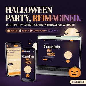 Puede incluir: Un sitio web de invitación para una fiesta de Halloween mostrado en una computadora portátil y dos teléfonos inteligentes. Las pantallas muestran texto como "HALLOWEEN PARTY, REIMAGINED," "Come into the night" y funciones interactivas.