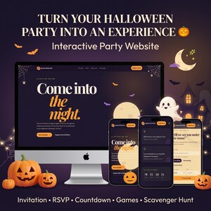 Puede incluir: Un ordenador de sobremesa y tres teléfonos inteligentes muestran un sitio web interactivo para una fiesta de Halloween con el texto "Come into the night." La interfaz oscura incluye un fantasma, calabazas y un temporizador para invitaciones.