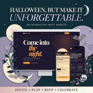 Puede incluir: Un monitor de computadora y dos teléfonos inteligentes que muestran un sitio web interactivo para una fiesta de Halloween. La pantalla muestra el texto "Come into the night" y "Will we see you under the moon?" sobre un fondo oscuro con gráficos de luna y murciélagos.