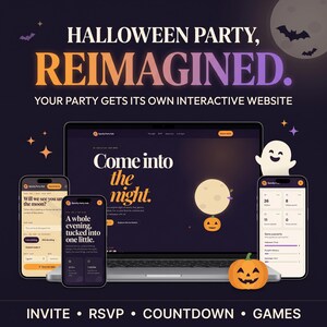 Puede incluir: Un portátil y dos teléfonos inteligentes muestran un sitio web interactivo para una fiesta de Halloween. La pantalla incluye texto como HALLOWEEN PARTY, REIMAGINED, Come into the night y detalles de RSVP. Gráficos: luna, murciélagos, fantasma y calabaza.