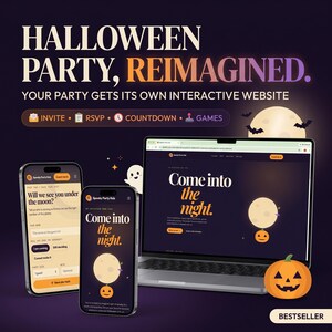 Puede incluir: Un sitio web de invitación para una fiesta de Halloween mostrado en una computadora portátil y dos teléfonos inteligentes. Las pantallas muestran texto como "HALLOWEEN PARTY, REIMAGINED," "Come into the night" y funciones interactivas.