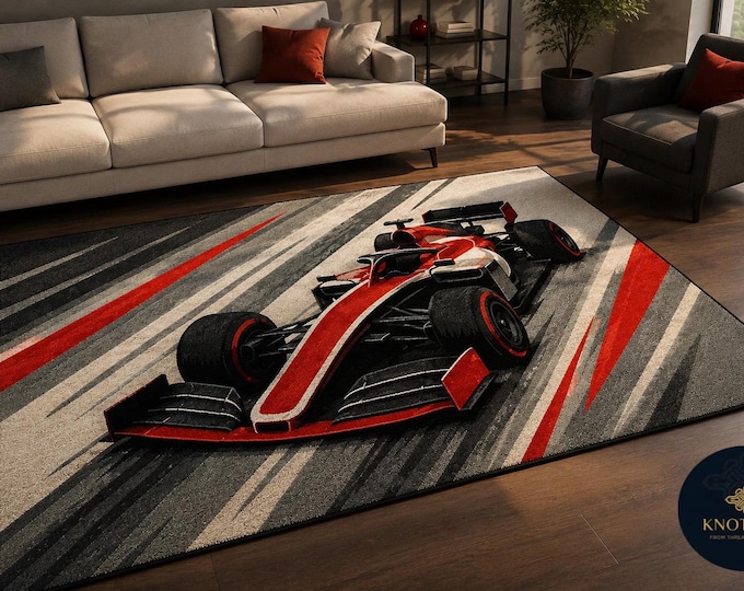 Featured listing image: Race Car Rug, Hand Tufted Wool Carpet for Kids' Rooms and Playrooms