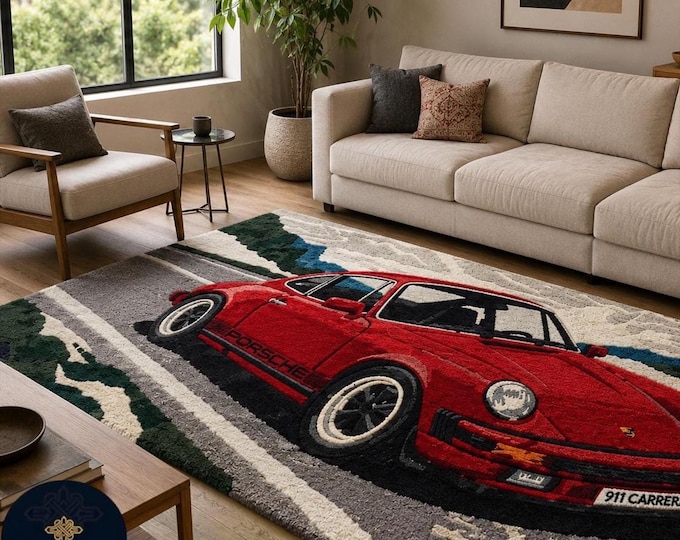Featured listing image: Sports Car Rug, Hand Tufted Red Porsche 911 Carrera Area Rug