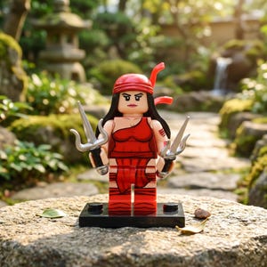 Puede incluir: Una minifigura de plástico con una cinta roja en la cabeza, un top rojo de un solo hombro y pantalones rojos con detalles de vendaje. La figura tiene el pelo largo y negro y sostiene un arma sai plateada de tres puntas en cada mano, sobre una base.