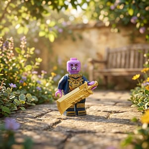 Könnte beinhalten: Eine Minifigur mit violetter Haut und strengem Gesichtsausdruck, bekleidet mit einer dunkelblauen und goldenen Rüstung, die ein großes, metallisch goldenes Doppelklingenschwert hält. Die Figur zeigt filigrane goldene Details an Brust und Beinen.