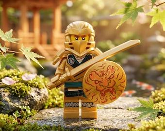 カスタムゴールデンニンジャフィギュア – ターコイズベルト、レゴ互換ファンアート